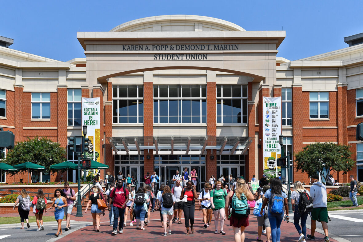 Students outside the Karen A. Popp & Demond T. Martin Student Union building.